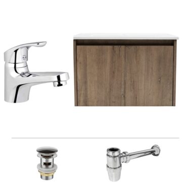 Pack Mueble de Baño Florencia 80 cm ancho Dark Oak con Grifería, Sifón y Desagüe