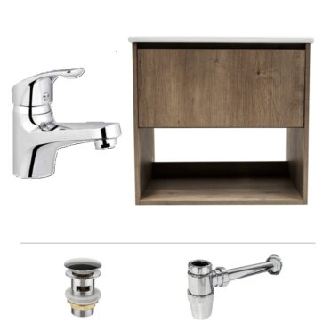 Pack Mueble de Baño Milano 70 cm ancho Dark Oak con Grifería, Sifón y Desagüe
