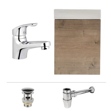 Pack Mueble de Baño Pel Ancient Oak con Grifería, Sifón y Desagüe