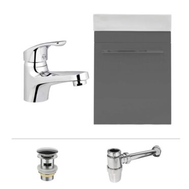 Pack Mueble de Baño Pel Grey con Grifería, Sifón y Desagüe