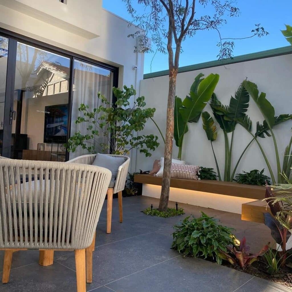 Patio pequeño con sillas de madera y decorado con grandes plantas verdes. 