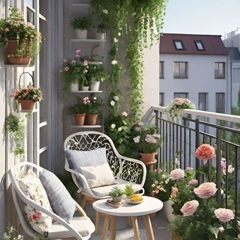 Blacón pequeño con sillas blancas, muy adornados con plantas colgantes y rosas. 