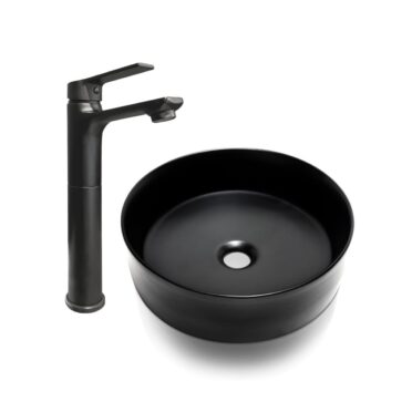 Pack Lavamanos Redondo Sobre Cubierta Nora Matte Black con Griferia Eleos Alta