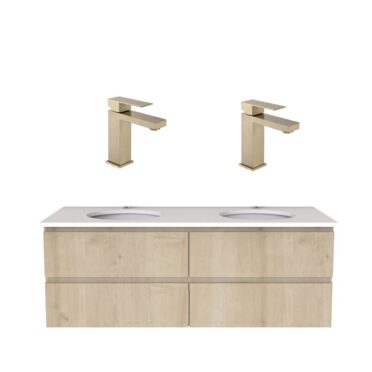 Pack Mueble Suspendido Magnolia para 2 Lavamanos de 1.50 mts Ancient Oak y 2 Griferias Doradas Urben