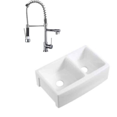 Pack Lavaplatos Cerámica Tipo Granja + Griferia de Cocina Doble Chorro Lisboa